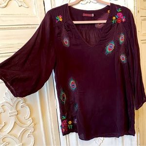 Johnny Was Black Top with Colorful Embroidery